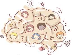 Ilustración de un cerebro con aprendizajes y niños