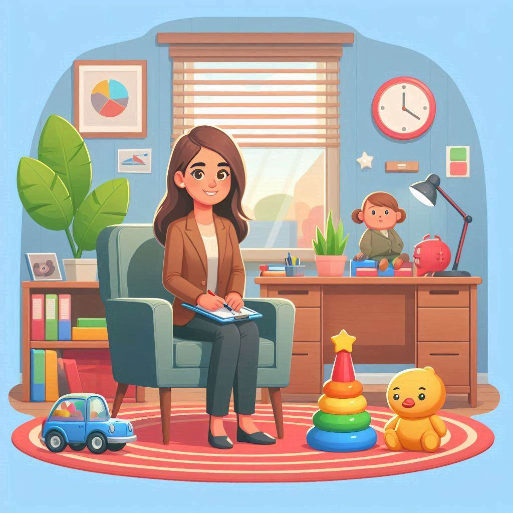 Es una imagen que muestra a una psicóloga, en medio de su consultorio, sentada en una silla, con material didáctico al rededor de ella